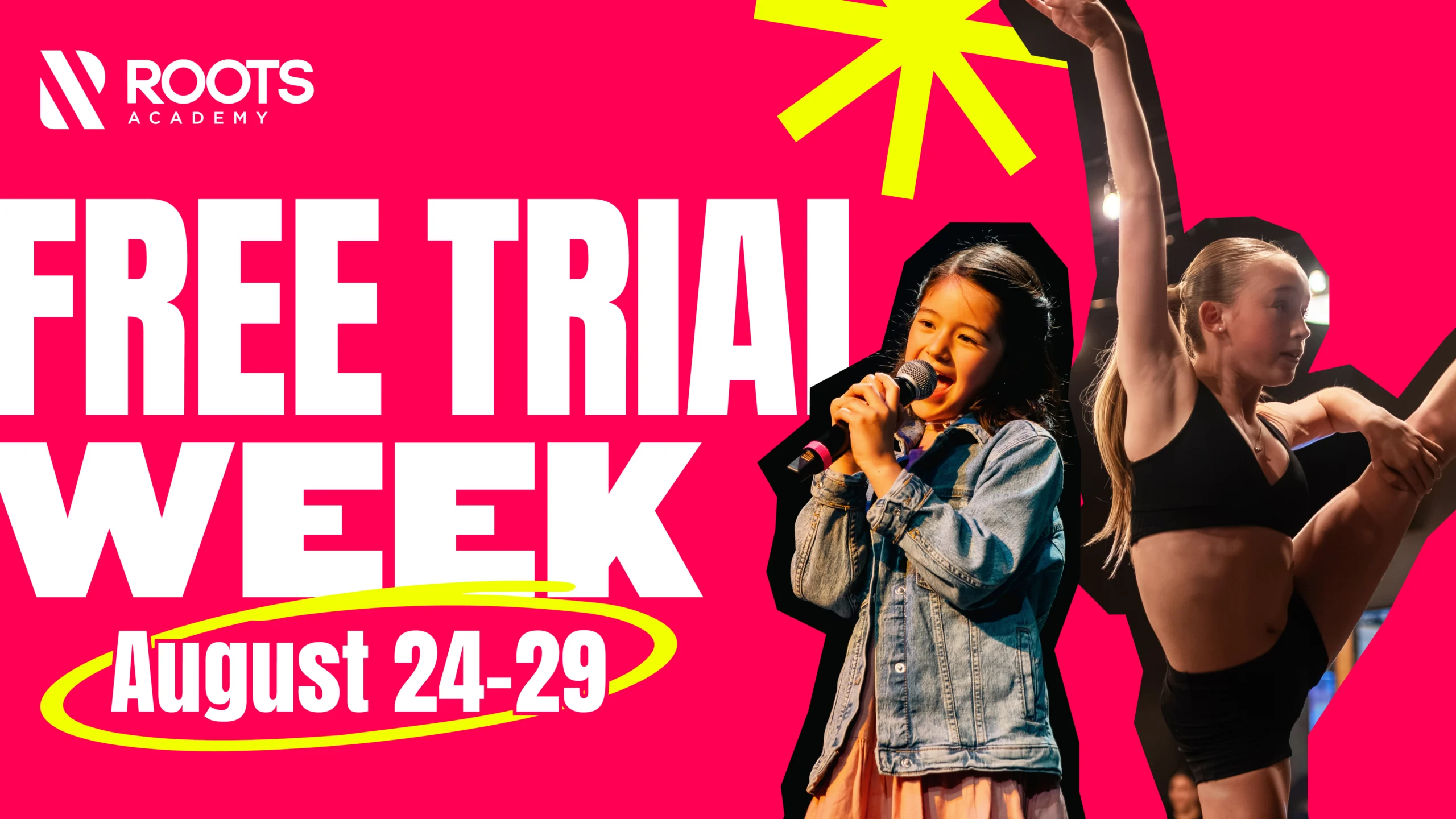 FREE TRIAL WEEK IS HERE! August 24–29: Try a Free Dance Class or Music Lesson!Graphic